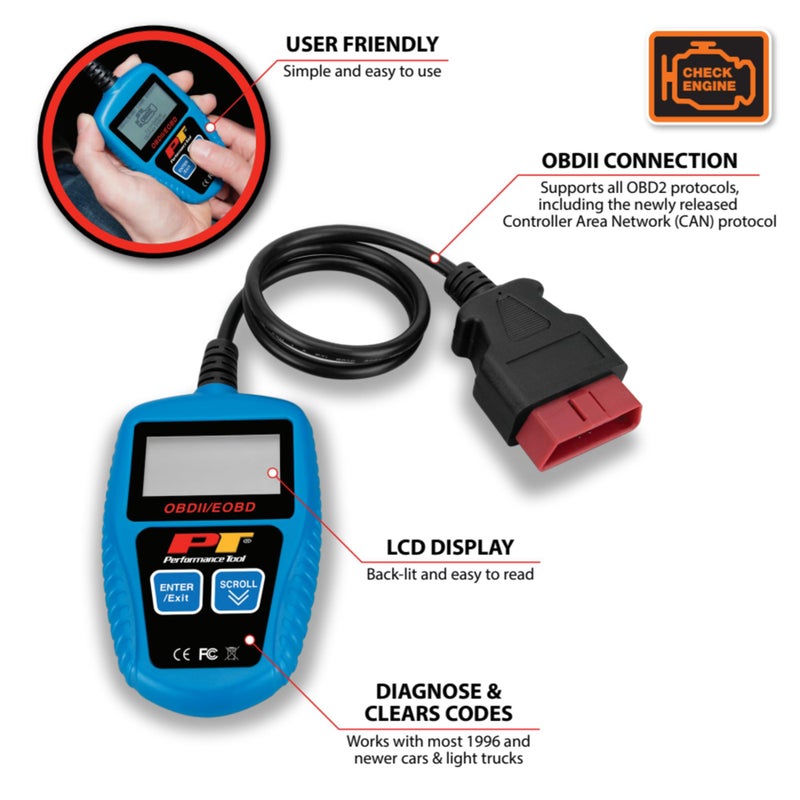 Performance Tool W2976 Universal Multilingual CAN OBDII Scanner Tool (for Check Engine Light, Diagnostics & Emission Readiness Status) - Image 2